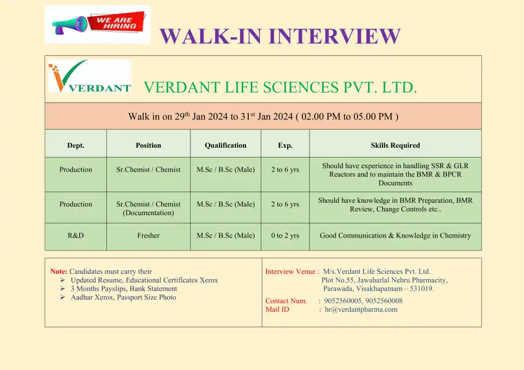 Verdant Life Sciences - Walk-Ins for Freshers & Experienced in Production, R&D on 29th - 31st Jan 2024